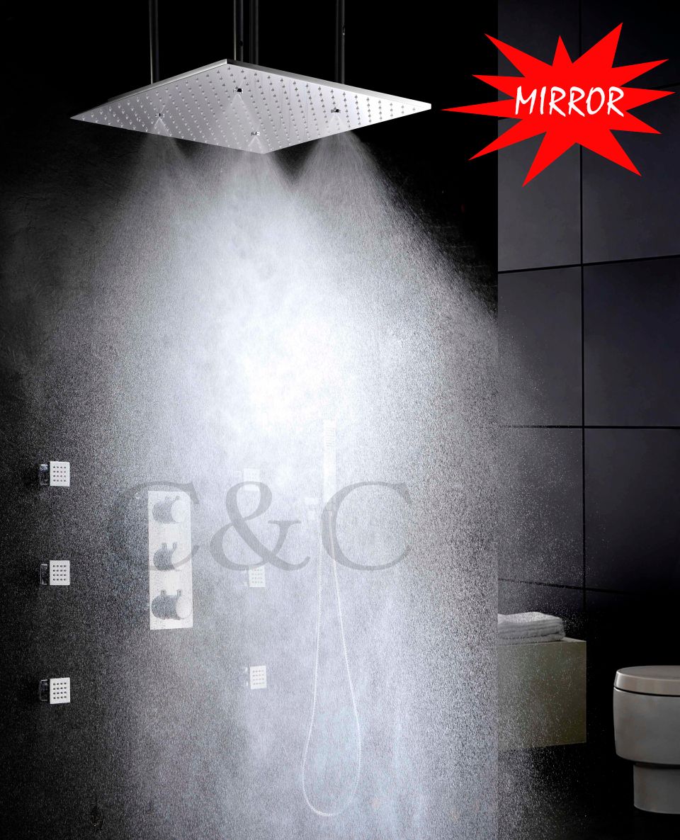 Atomizing And Rainfall Bathroom Shower Set 20 Inch Mirror Polished Bath Shower Head With Thermostatic Shower Faucet Valve 009-20WMI-F
