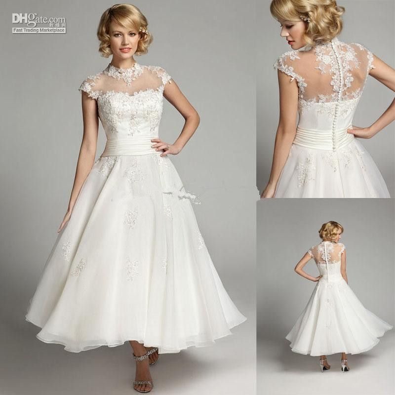 

New 1950s Vintage High Neck Wedding Dresses Ankle Length Cap Sleeve Beads Sequins Ivory Lace Organza Short Bridal Gowns Custom Made W145, Silver