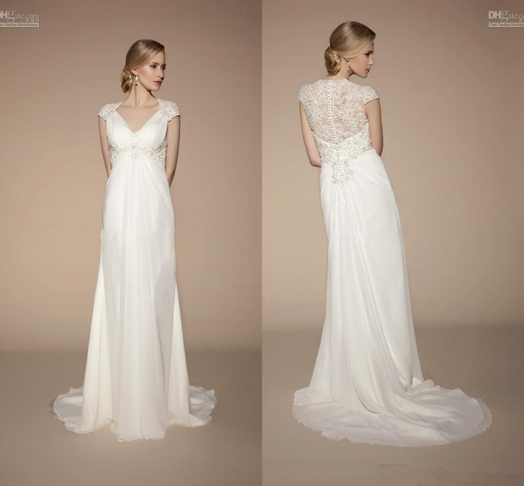 

Popular Style Beach Empire Wedding Dresses Cap Sleeve V-Neck Crystals Beads Ivory Lace Chiffon Elegant Bridal Gowns Custom Made W149, Same as image