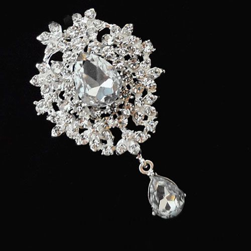 Silver Tone Crystal Drop Pendent Brooch Pins,Wedding Bridal Bouquet Brooch Four Colors Drop Crystal Brooch Women Costume Pins