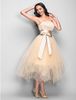 Champagne Draping A-lijn Strapless Thee-lengte Tule en Satin Cocktail / Prom Dress