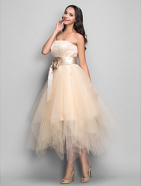 Champagne Drapé A-ligne Bustier Thé Longueur Tulle Et Satin Cocktail/Robe De Bal