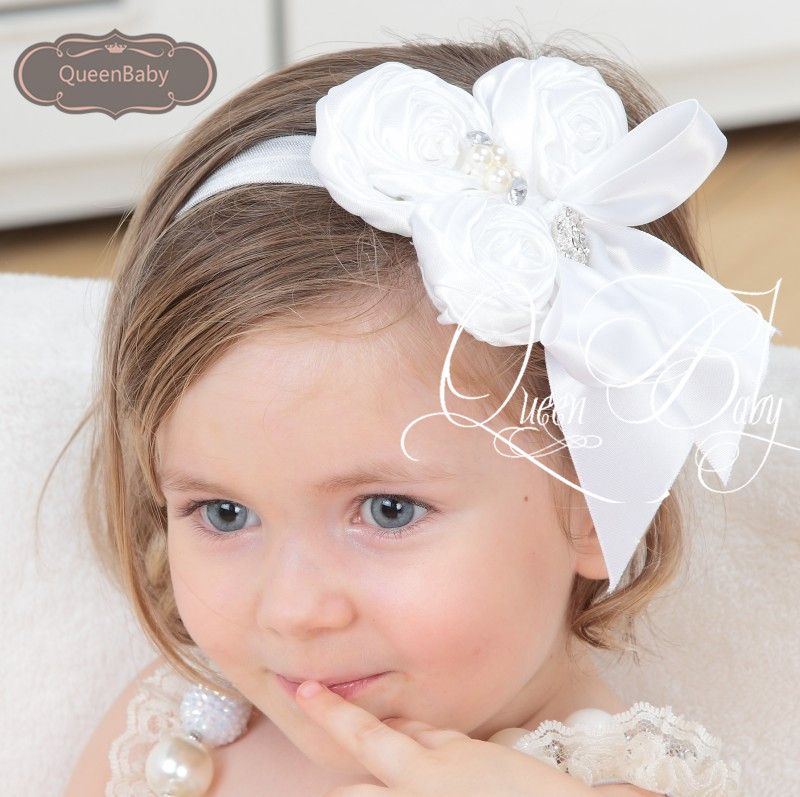 Luxe Triple Rolled Rose Rosettes Headbands With Ribbon Bow,Baby Girl ...