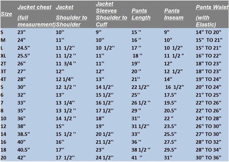 Boys Suit Size Chart