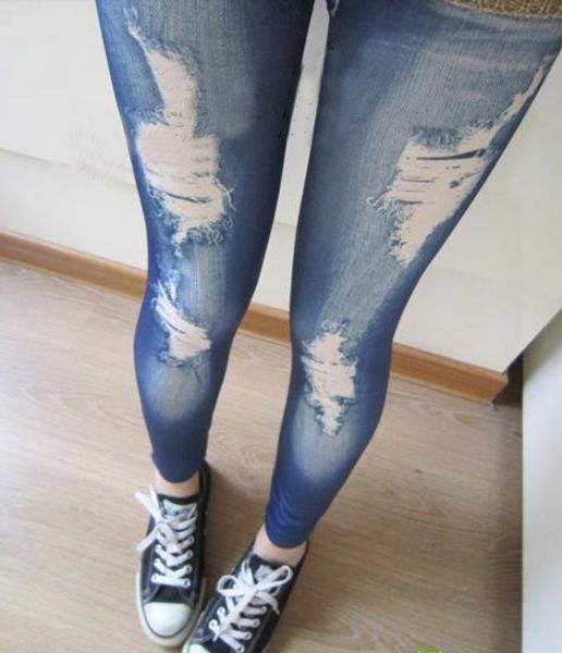 

Free Shipping Wholesale 2014 New Korean Fashion Fashion Slim False Hole Imitation Jeans Fitness Leggins Women Leggings