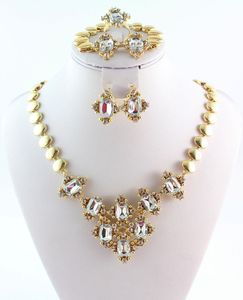 Mode Smycken Australien Kristall Guldpläterad Bridal Rhinestone Halsband Armband Örhängen Ringar Bröllop Smycken Set