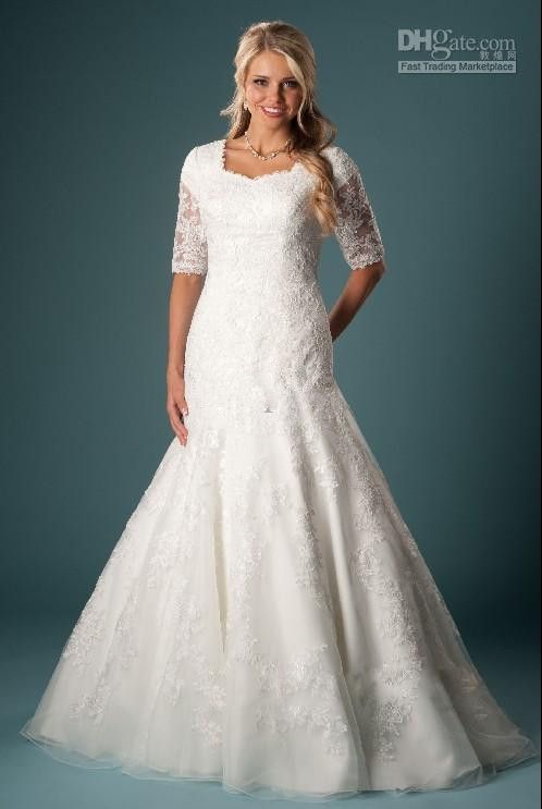 2014 Winter Half Sleeve Lace Plus Size Wedding Dresses A Line Scoop ...