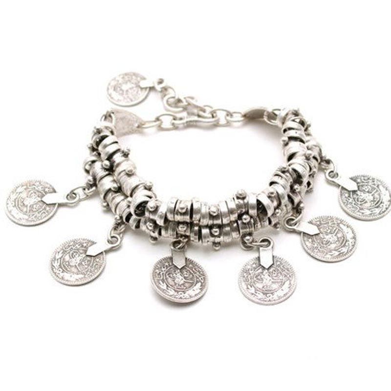 

Thick Bohemian Moon Child Turkish Silver Antalya Bracelet Anklet Moon Lovers Gypsy Beachy Chic Festival Coachella Coin Multi-fonction
