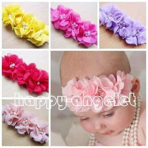 20pcs Gril baby 3 flowers hair bands pearl Crystal Chiffon flower combination set Elastic Headbands Headwear head band Hair Accessories H061