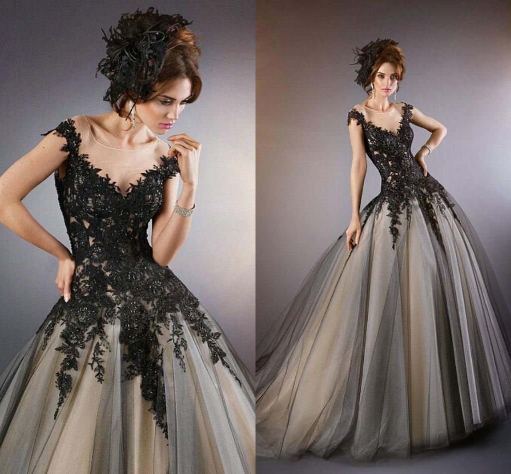 Gothic Wedding Dresses Black Lace-appliques with Champagne Inside See