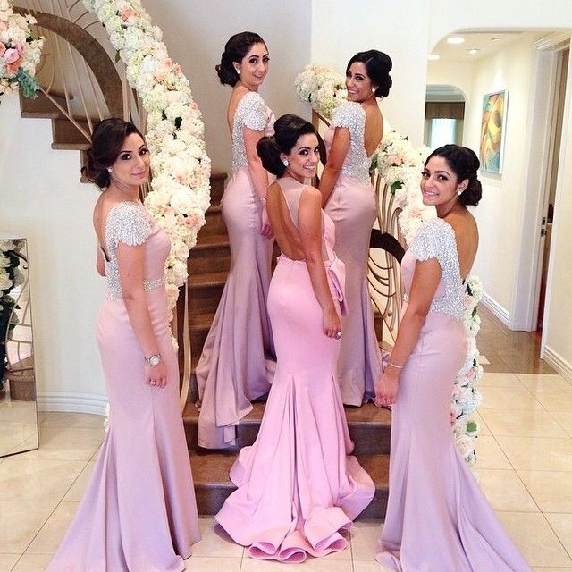 가장 아름다운 핑크 Bateau 백리스 코트 열차 캡 슬리브 인어 결혼식 저녁 들러리 드레스 정식 하녀 명예 가운