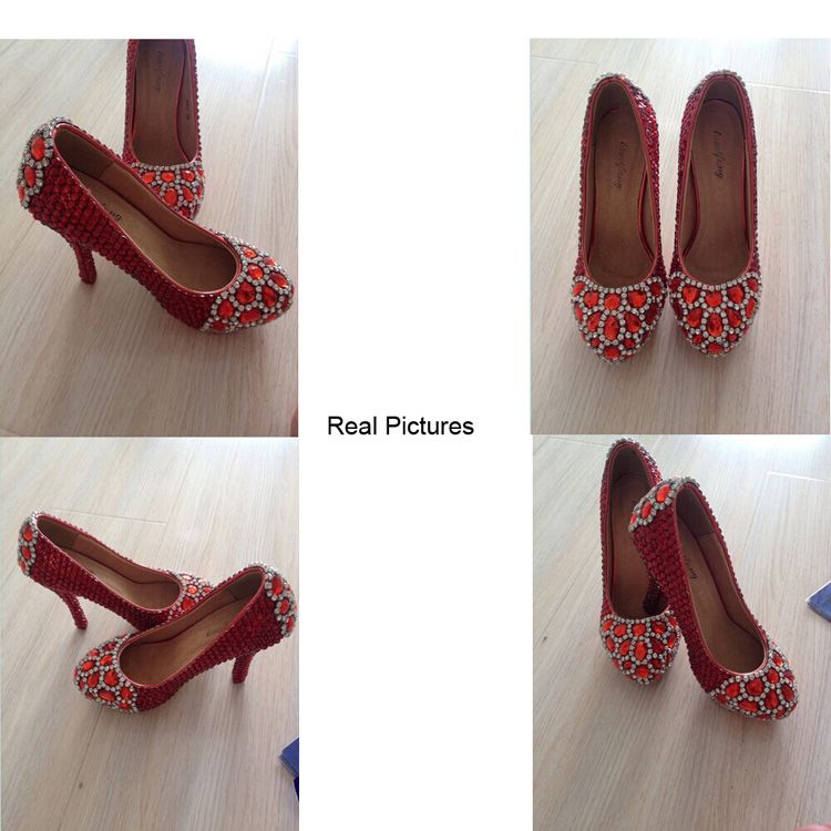 Nouveaux cristaux rouges à bout rond avec diamants rouges strass chaussures de mariage nuptiale Rouge Belles chaussures de bal à talons hauts Plus size238P