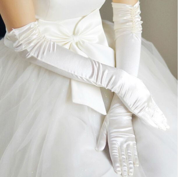 Long White Ivory Wedding Gloves Pearl Satin Full Finger Elbow Length
