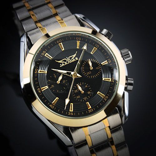 Jaragar Fashion brand Men's Silver Dial Golden Case Elegant 6 Hands Multifunction Automatic Mechanical Watch Free shipping