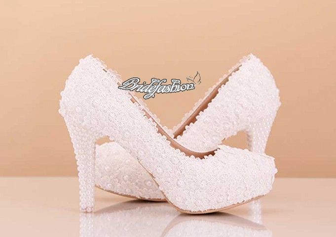 Ivory Beautiful Vogue Lace Pearl High Heels Elegant Wedding Bridal