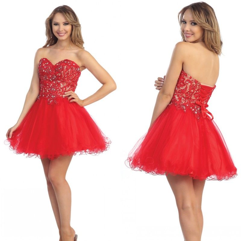 $ 59! Bonito Querida A-Linha Crystal Beads Organza Cheater Corset Homecoming Vestido Curto Prom Vestidos De Festa Doce 16 Vestidos