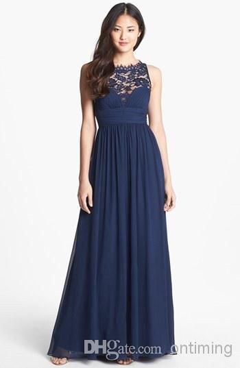 2015 abiti da damigella d'onore lunghi in chiffon blu navy pizzo trasparente scollatura gioiello lunghezza del pavimento vita impero cerniera matrimonio onore nuziale Mai8612225