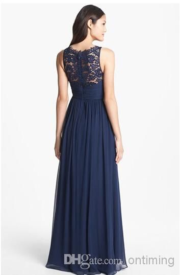 2015 Navy Blue Chiffon Long Bridesmaid Dresses Sheer Lace Jewel Neckline Floor Length Empire Waist Zipper Wedding Honor Bridal Mai9365838