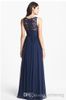 2015 Navy Blue Chiffon Long Bridesmaid Dresses Sheer Lace Jewel Neckline Floor Length Empire Waist Zipper Wedding Honor Bridal Mai9365838