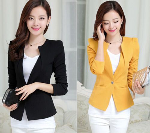 New Women Slim One Button Short Blazer Suit Jacket Coat Long Sleeve ...