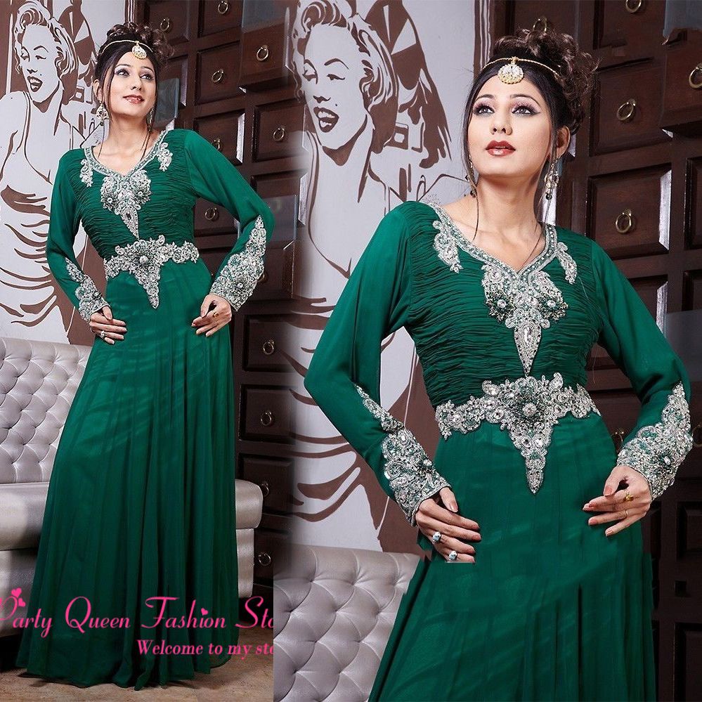 Långärmad muslimska kvällsklänningar med arabisk Dubai Abaya Jewel Beaded Green Chiffon Full Length Dubai Kaftan Islamic Formal Dresses
