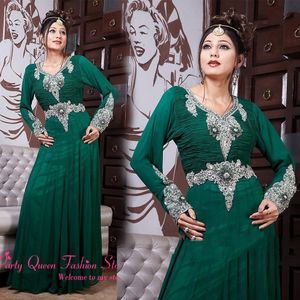 Långärmad muslimska kvällsklänningar med arabisk Dubai Abaya Jewel Beaded Green Chiffon Full Length Dubai Kaftan Islamic Formal Dresses