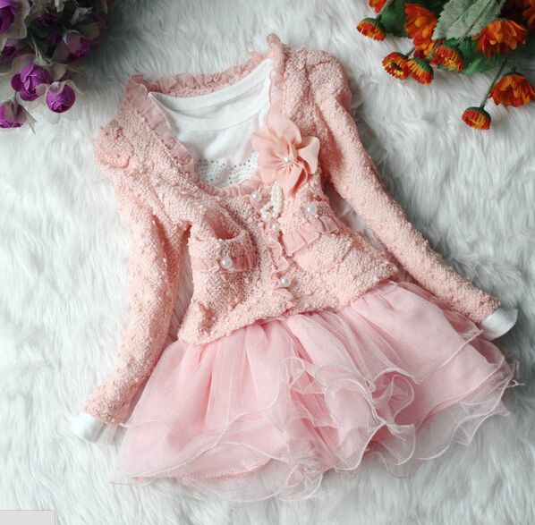 

Spring Autumn 2 Pcs Baby Girl Clothing Set Princess Dress + Pearl Lace Cardigan Girls Fashion Coat Cute Tutu Skirt Free Shipping, Pink