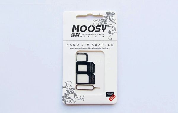 

4 в 1 Noosy Nano Micro SIM адаптер адаптер адаптер с Sim-карты Pin извлечь ключ стандартный SIM-лоток для iPhone 4 4S 5 5G 5S 5C 6 черный белый новый