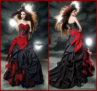 Röd och svart gotisk halloween bröllopsklänningar Lace Tulle Taffeta Bow Ruffles Sweetheart A-Line Bridal Gowns Custom Made W339