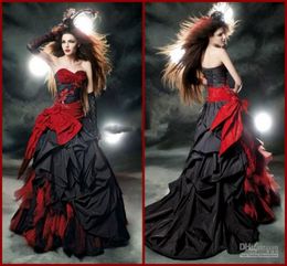-Vestidos de novia góticos de Halloween rojos y negros Encaje Tulle Tafetán Arco Volantes Novio Vestidos de novia en línea A por encargo W339