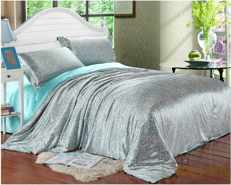 Aqua Blue Paisley Luxury Silk Satin Bedding Comforter Set For King Aqua Blue Paisley Luxury Silk Satin Bedding Comforter Set For King Queen Full Twin Size Duvet Cover Bedspread Bed Sheet Bedroom Damask