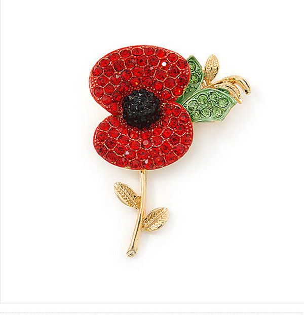 2 -calowa czerwono -Diamante Crystal Rhinestone Poppy Flower Bról z liśćmi złotym wykończeniem Pozłacie