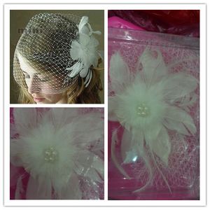 WOW Real image bridal Birdcage Veils feather pearls short face Veil net one layer wedding accessories flowers bride Fascinator