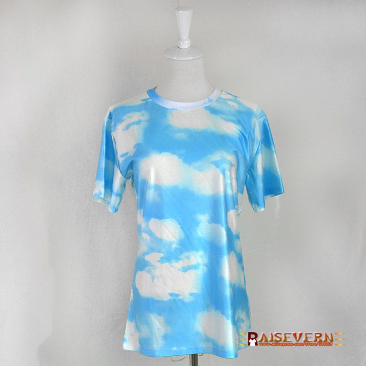 Women Blue Sky And White Cloud Print T Shirt Silky Fabric Vivid