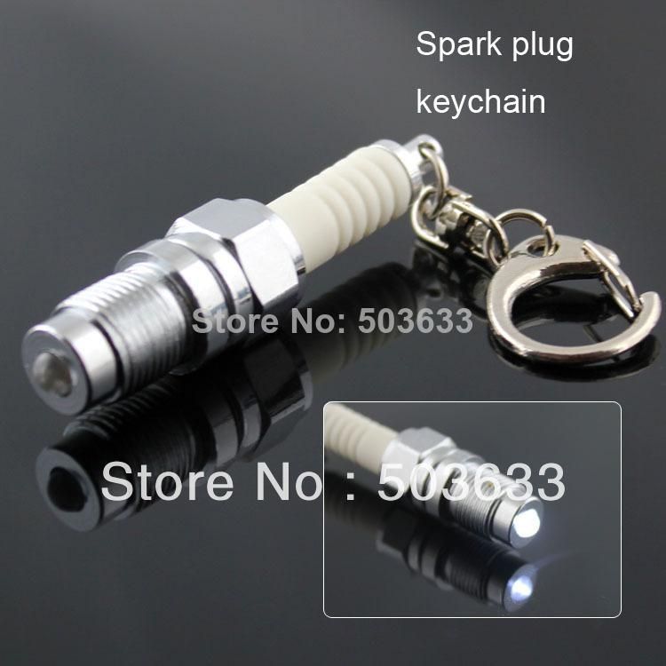 Fashion Spark Plug White LED Keychain Key Chain Ring Key Fob Car Parts Keyring