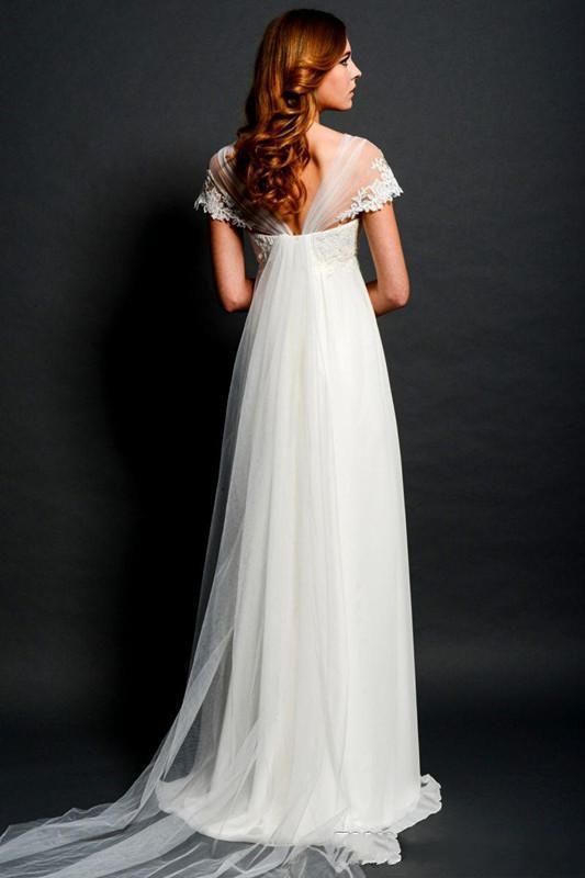 Sheer Lace Bolero Cap ärmar Bröllopsklänningar 2015 för gravida kvinnor Empire Midja Vneck Illusion Back Elegant Beach Bridal Gowns4147304