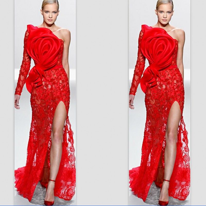 Geweldig ontwerp! Één schouder enkele mouw kant grote boog applique front split avondjurken aanpassen prom celebrity jurken elie saab