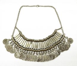 Golden Silver Zamac Jewellery Handcraft Carving Metal Coin Fringe Statement Necklace Boho Gypsy Beachy Ethnic Tribal Jewellery Turkish