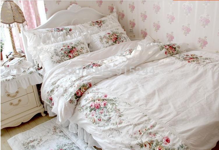 White Small Oil Painting Flower Bed Set Full Queen King Twin Size White Small Oil Painting Flower Bed Set Full Queen King Twin Size Whole Cotton Duvetsets Quilt Cushion Shams Skirt Bedding Sets