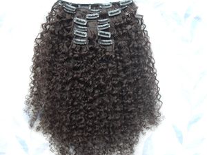Partihandel Brasilianska Human Hair Extensions Kinky Curly Clip i Vävar Mörkbrun Färg 9 st One Bundle