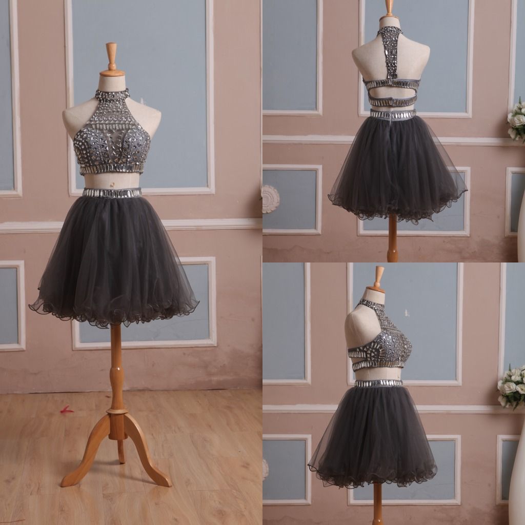 In Stock 2017 Sexy Grey Two Pieces Cocktail Dresses A Line Crystals