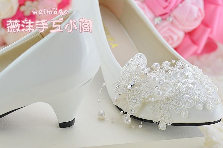 Handmade Ivory Pearl Lace Wedding Shoes Butterfly Beads Flat 4.5cm 8cm Heel Low Heel Bridal Shoes Custom Made Size Shoes Bridesmaid Shoes