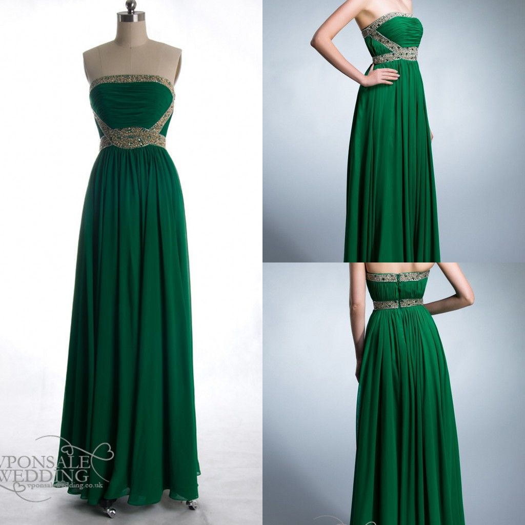 Long Emerald Green Prom Gown Strapless Beaded Collar Crystal Sash Off Shoulder Chiffon Wedding