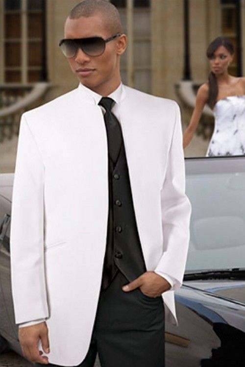 Groom Tuxedos White Mandarin Lapel Groomsmen Wedding Mens Blazer Dinner Party Suits Custom Made (Jacket+Pants+Vest+Tie) J829