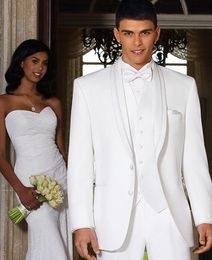 Groom Tuxedos Two Buttons White Shawl Lapel Groomsmen Wedding Mens Blazer Dinner Party Suits Custom Made (Jacket+Pants+Vest+Tie) J832