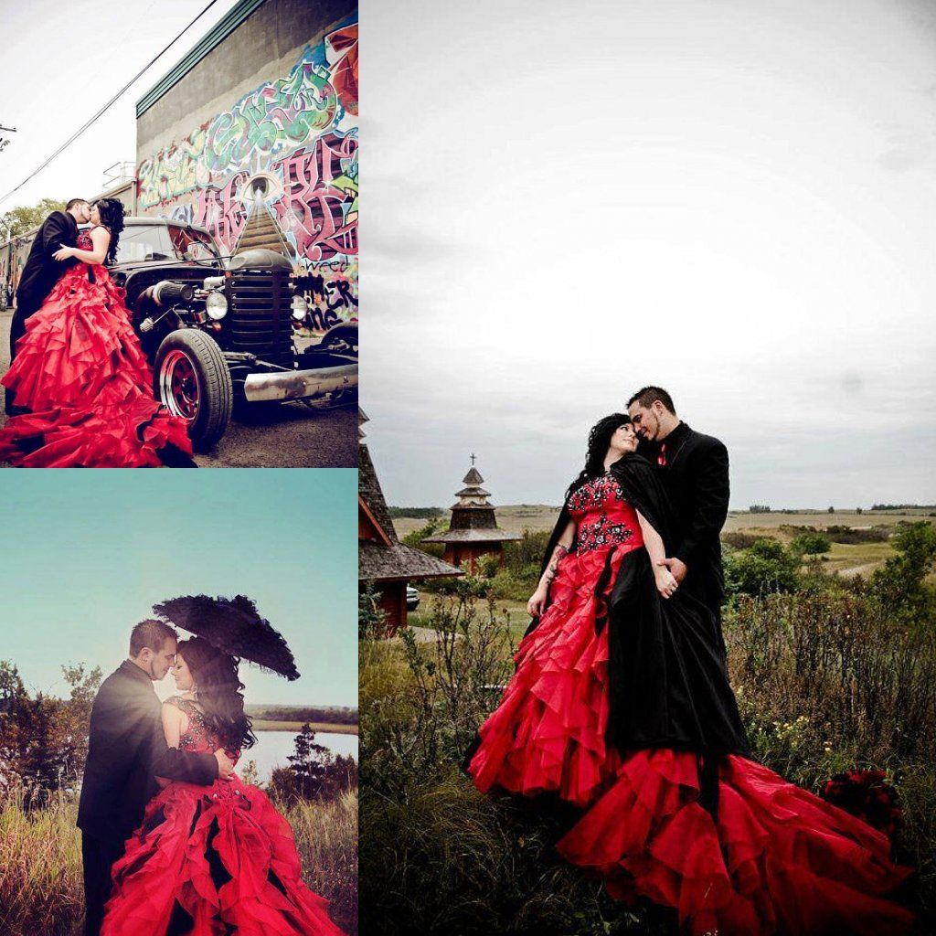 

2015 Striking Red Gothic Wedding Dresses Off Shoulder Cap Sleeve Luxurious Cathedral Train Halloween Christmas Theme Wedding Bridal Gowns, Ivory