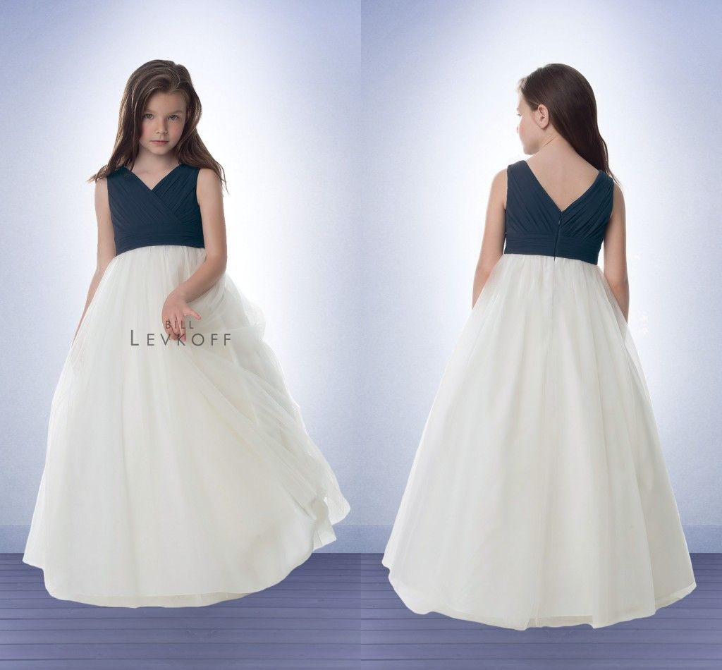 Chiffon Top Junior Bridesmaid Dresses Navy Blue And White Tulle V Neck