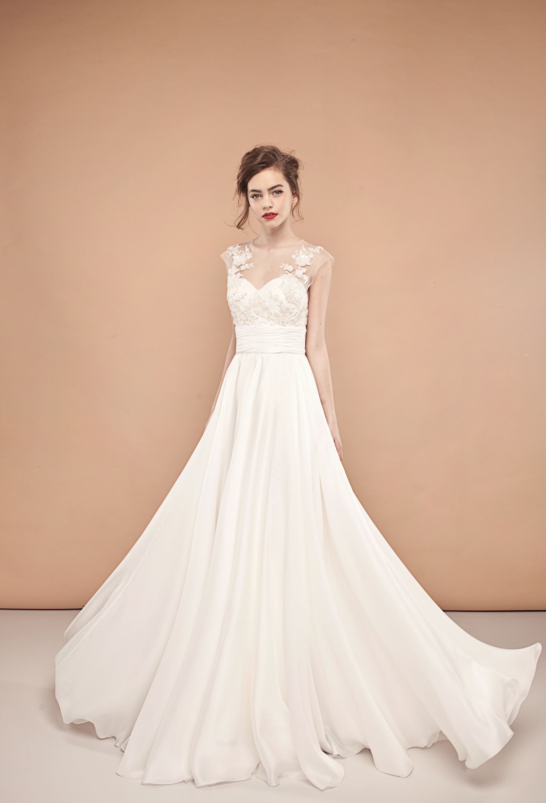 Discount 2015 Modest Jewel Collar A Line Lace Chiffon Wedding