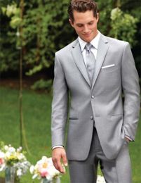 Two Buttons Light Grey Notch Lapel Wedding Men Suits Groom Tuxedos Slim Fit Men Party Groomsmen Suits (Jacket+Pants+Vest+Tie) J853