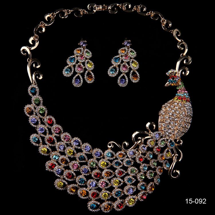 2020 Luxury Phoenix Wedding Accessories Rhinestones Necklace Earrings Bride Jewelry Sets Colorful Cheap Bridal Necklaces 15092213w